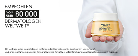 Vichy Neovadiol Magistral Creme LSF 50 in einem Glasbehälter mit weißem Deckel. Klinisch bewiesen: -41% Falten, +26% Ausstrahlung, +3.5% Spannkraft.